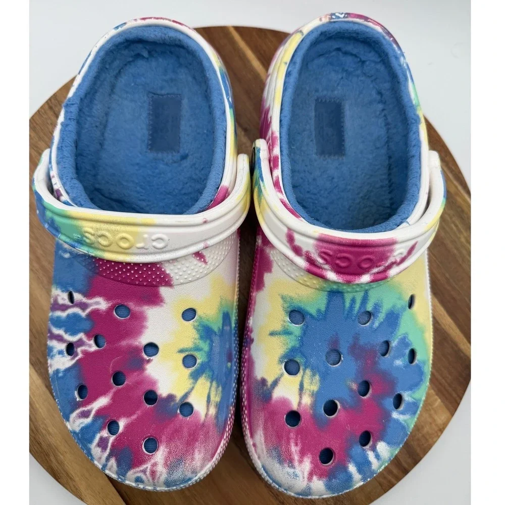 Crocs Classic‎ Lined Tie Dye Clogs Men's 7/Women's 9 Blue Faux Fur Fuzzy Slides